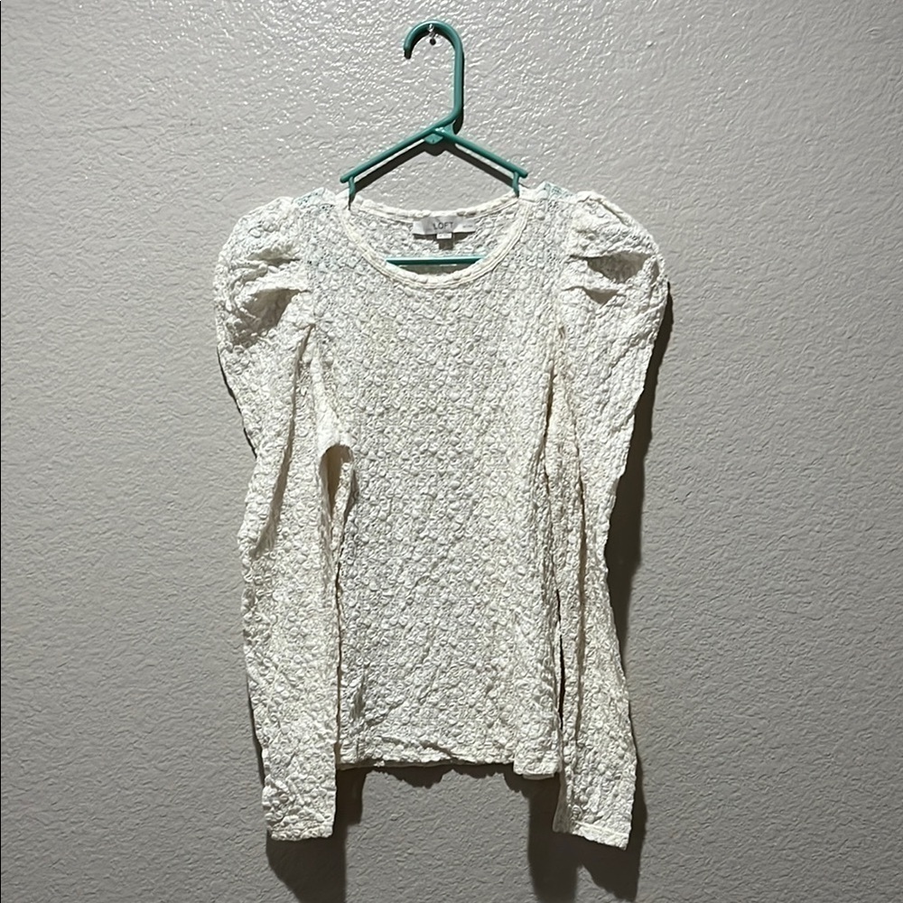LOFT Women's Petite Floral Lace Pleated Puff Sleeve Top Ivory Sz MP stylish long - Picture 2 of 11